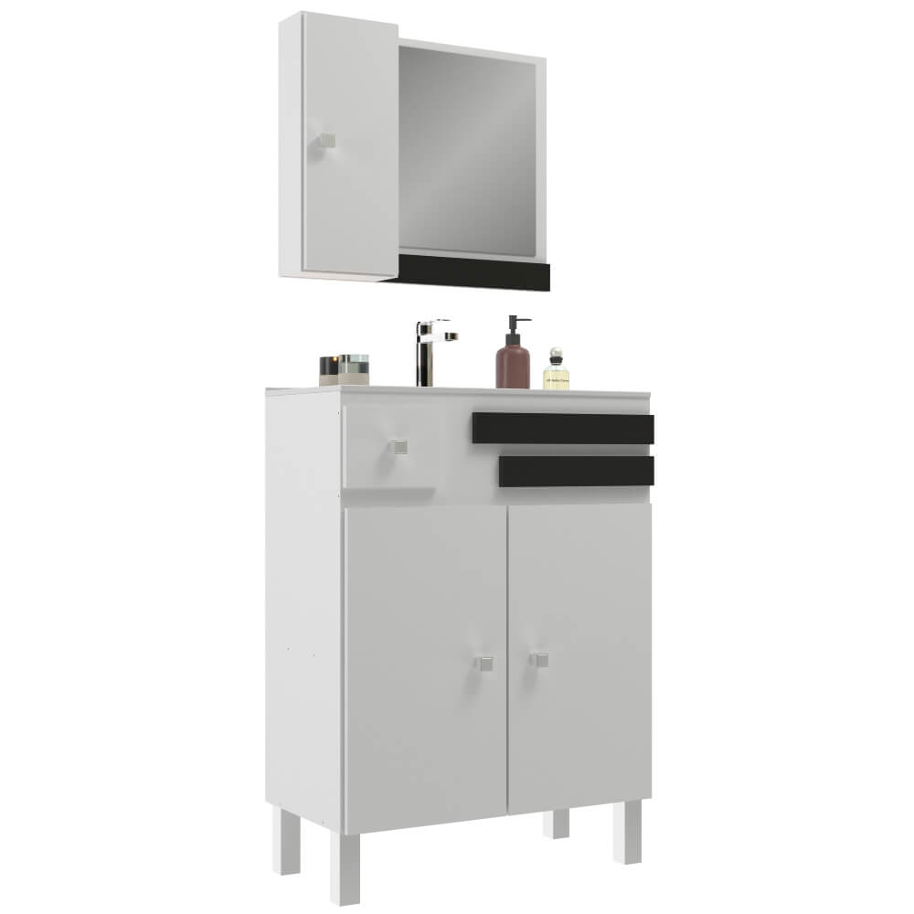 Balcão com Armário Cuba Madri 60 cm Branco/Preto Móveis Sander