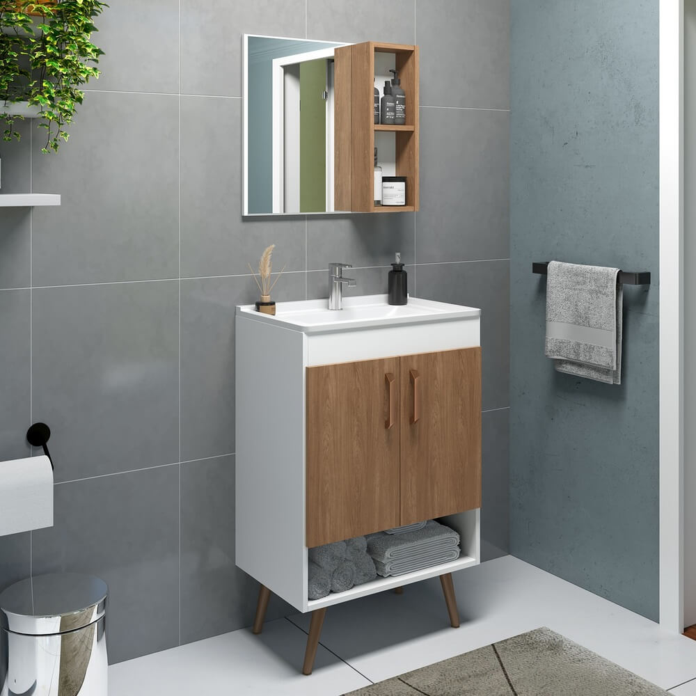 Balcão com Armário Verona 60 cm Branco/Carvalho 56810 Bosi Móveis