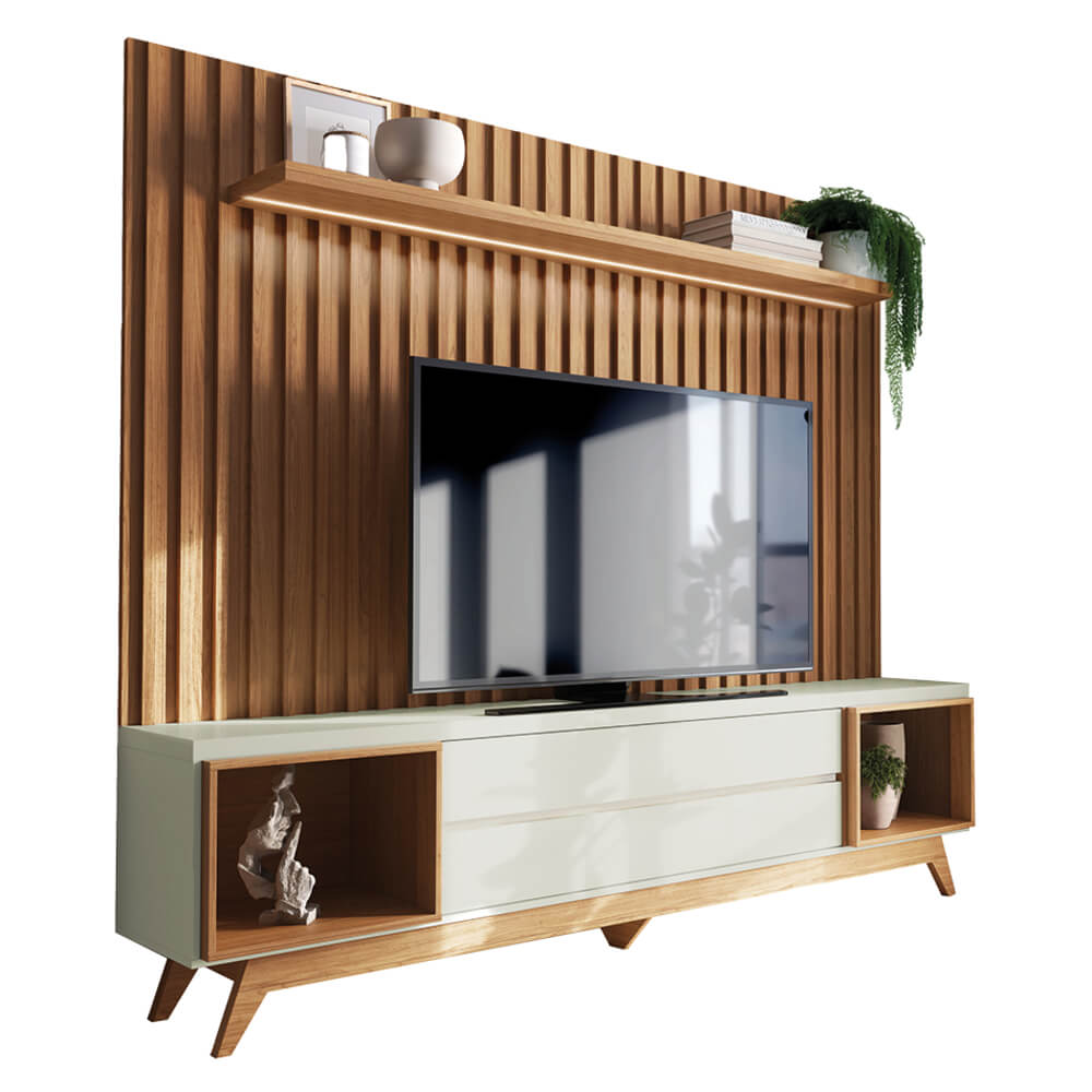 Rack com Painel e Fita de LED TB343F Freijó/Off White Dalla Costa
